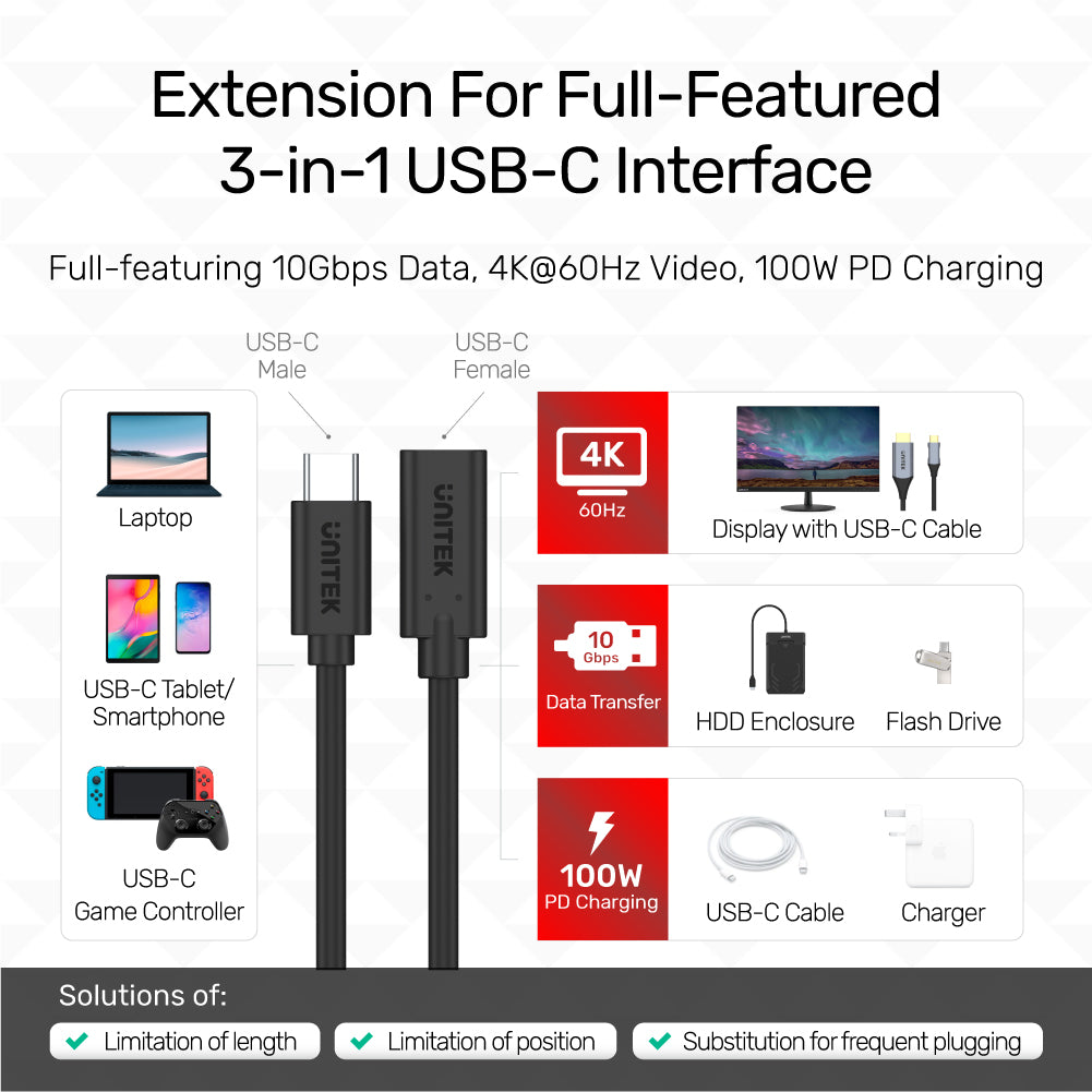USB-C Extension Cable with 4K@60Hz PD 100W 10Gbps (USB 3.2 Gen2)