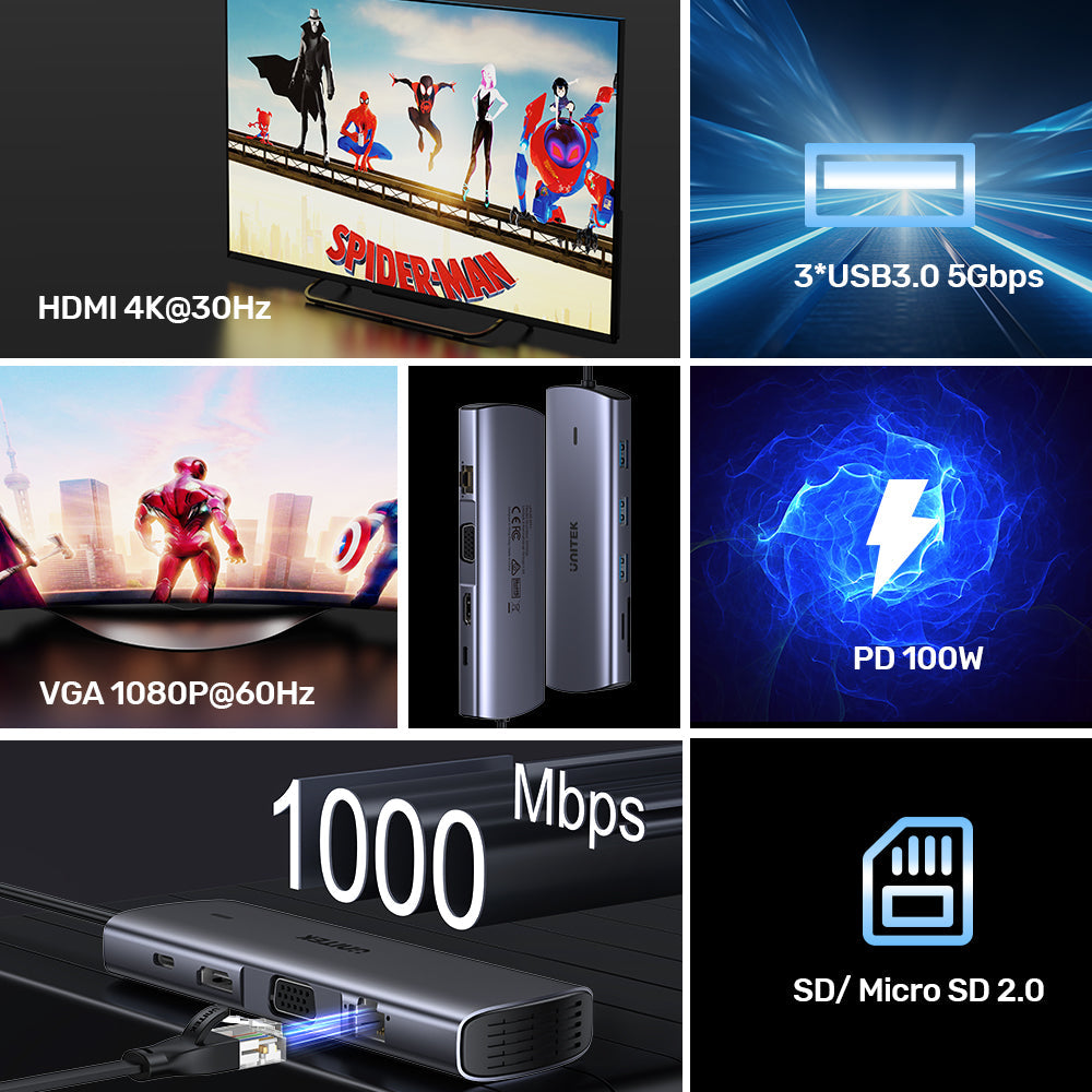 9-in-1 USB-C Hub with Dual Display PD 100W Dual Card Reader - Kaplen