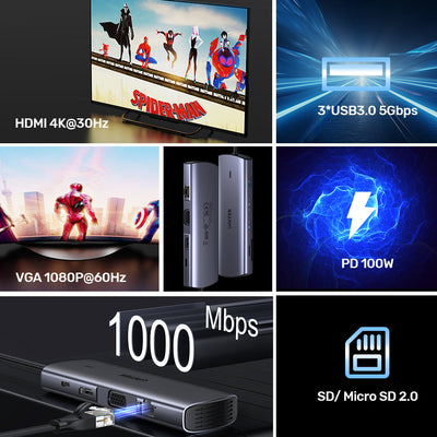 9-in-1 USB-C Hub with Dual Display PD 100W Dual Card Reader - Kaplen
