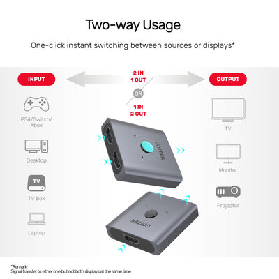 4K Aluminium HDMI 2.0 Switch 2-To-1 Bi-Directional