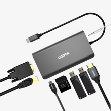 8-in-1 USB-C Hub HDMI, VGA, Ethernet, card readers, USB ports, audio with PD100W D1019A