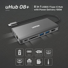 8-in-1 USB-C Hub HDMI, VGA, Ethernet, card readers, USB ports, audio with PD100W D1019A